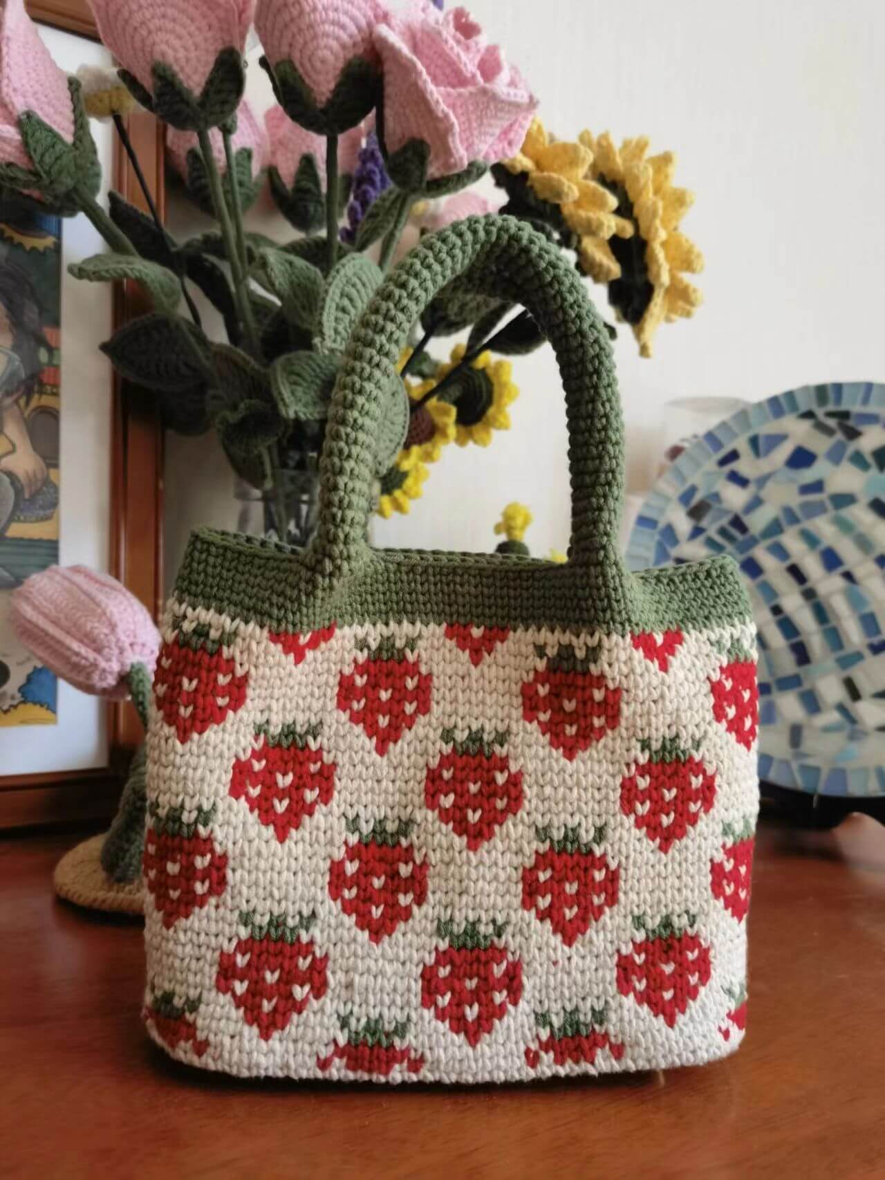 Red Heart Crochet Flower Tote Bag
