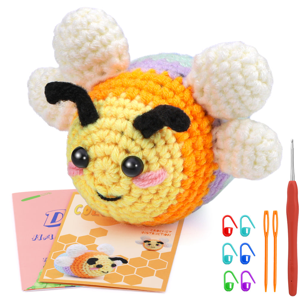 Crochet Kit For Beginners - 3 Family Bees Amigurumi DIY Set With Yarn, Hooks, Video Tutorial & Full Instructions