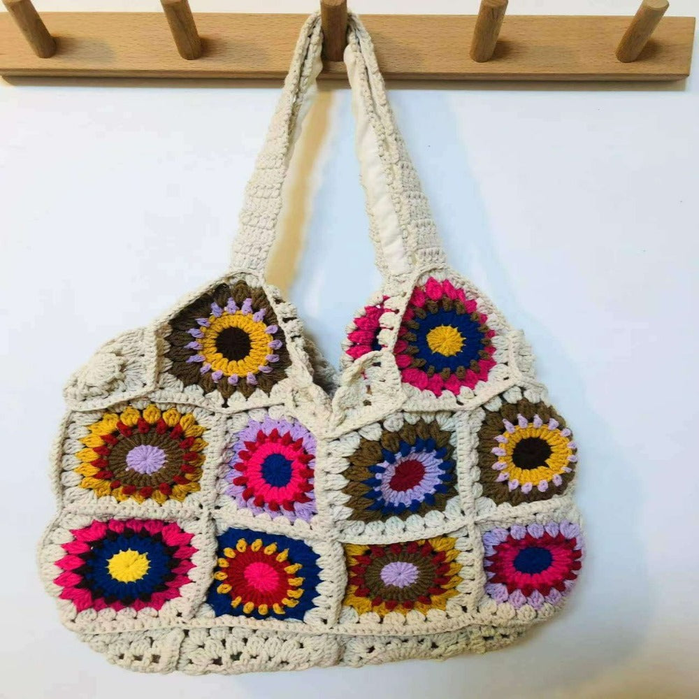 Blingcute | Crochet Bag | White Granny Square Shoulder Bag - Blingcute
