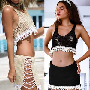 Blingcute  Lace Cover Up Skirt  Beach Shell Crochet Bikini Set