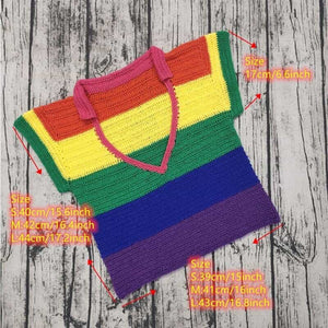 Blingcute  Rainbow Hand Crochet tee Swimwear  T shirt Cover UP Beach Bikini Set