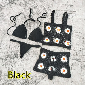 Blingcute | Crop Top Split Shorts Beachwear | Handmade Crochet Thong Bikini Set