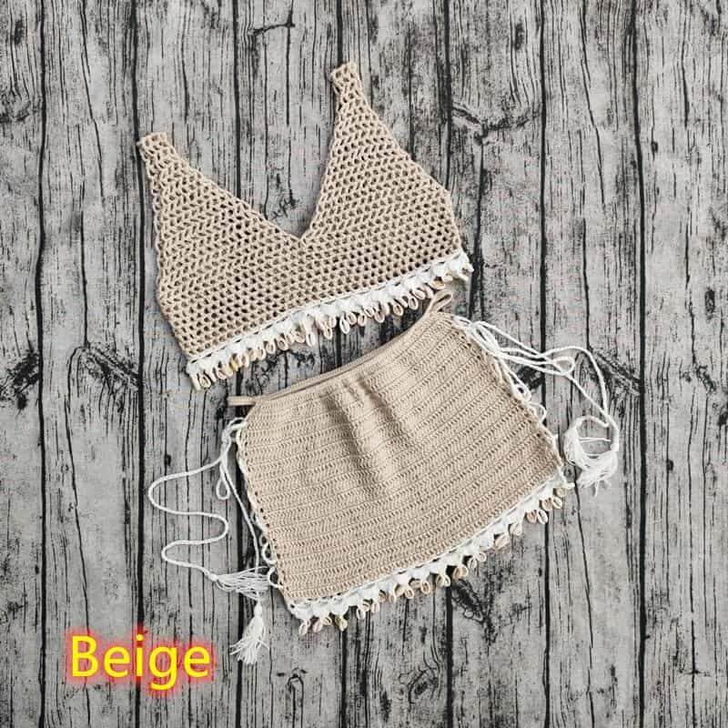 Blingcute  Lace Cover Up Skirt  Beach Shell Crochet Bikini Set