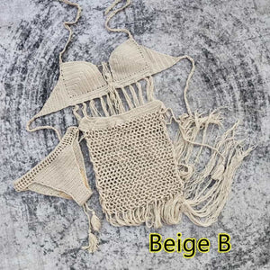 Blingcute  Tassel Long Fringe Skirt Swimwear  Boho Crochet Bikini Set