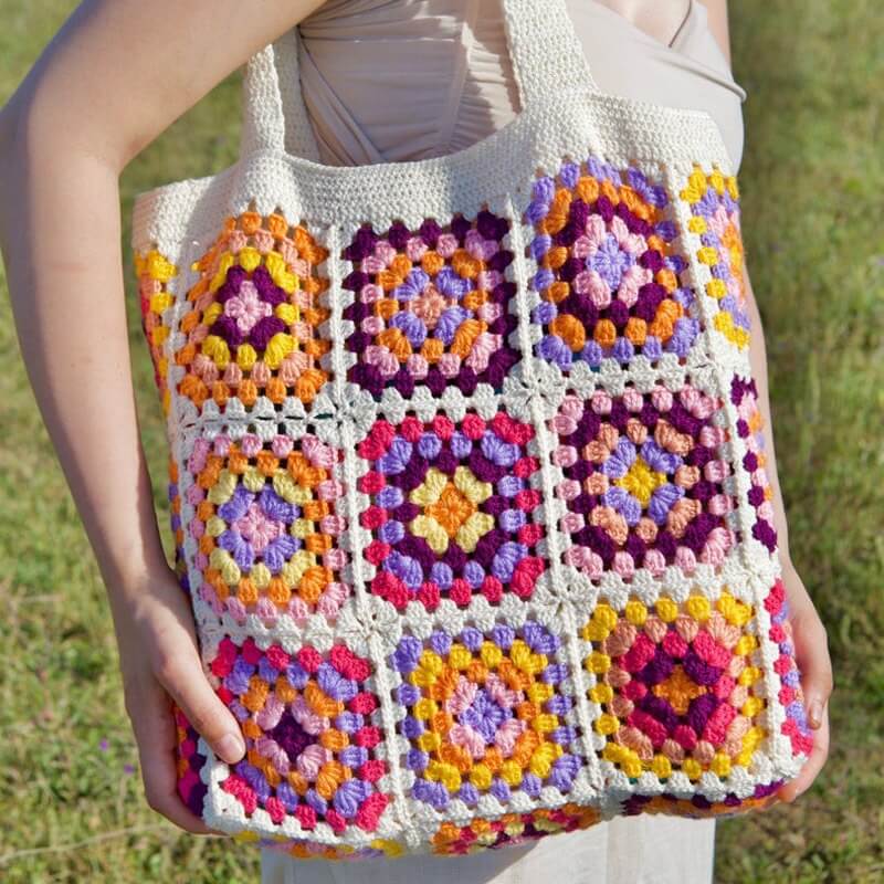 Stripe Strap Sunflower Granny Square Crochet Tote Bag 