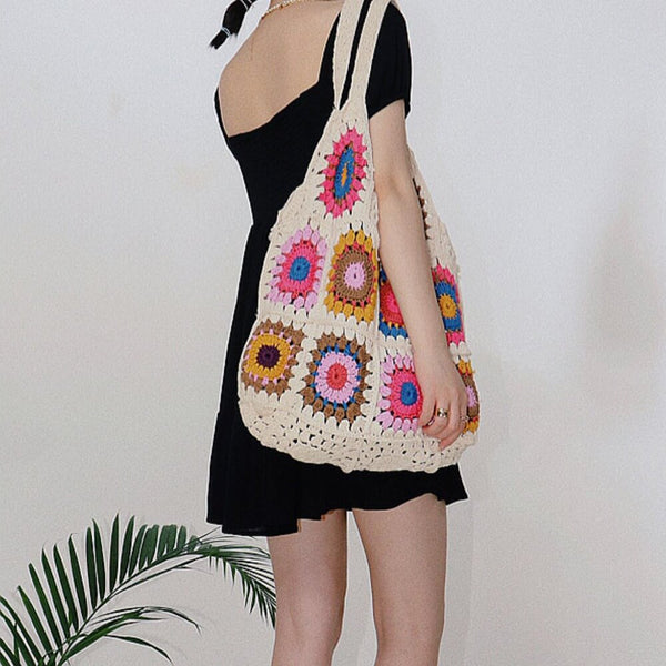 Blingcute | Crochet Bag | White Granny Square Shoulder Bag - Blingcute