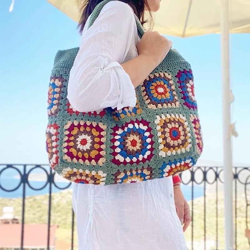 Handmade Granny Square Crochet Bag, Hand Knit Purse, Knitted Hand