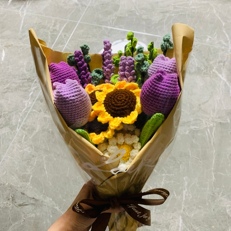 Blingcute | Handmade Crochet Flowers | Bouquet Sunflower Lavender Daisy Eucalyptus Tulips - Blingcute