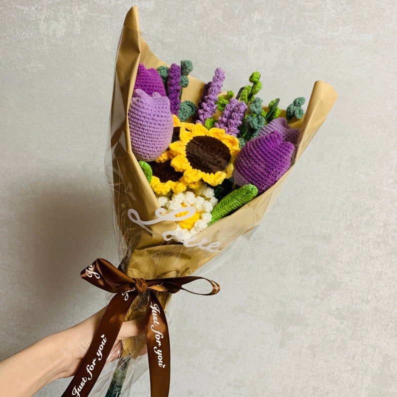 crochet lavender flower bouquet Handmade Crochet Flowers | Bouquet Sunflower Lavender Daisy Eucalyptus  Tulips